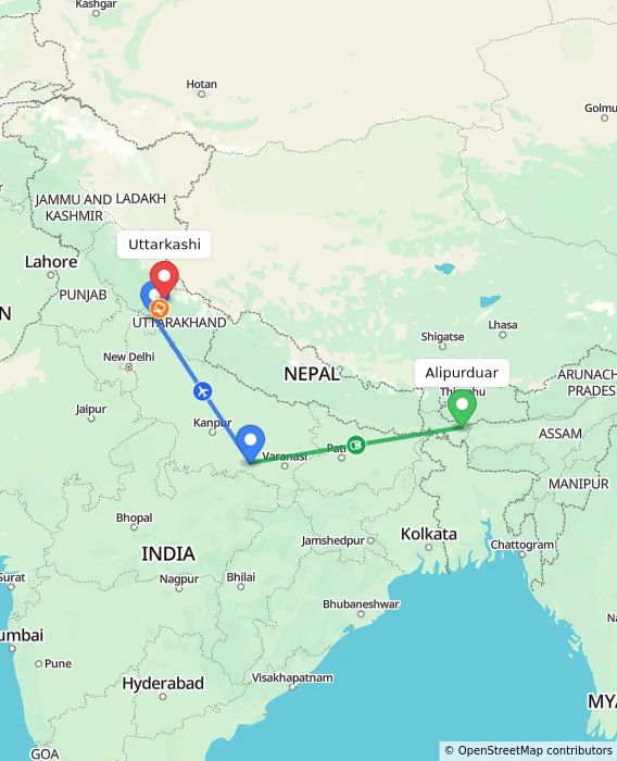 Route map showing distance and travel time from Alipurduar, India to Uttarkashi, India