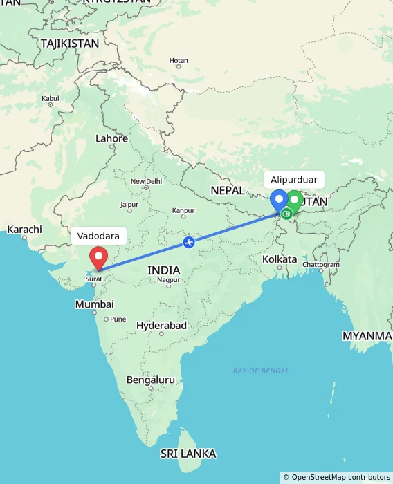 Route map showing distance and travel time from Alipurduar, India to Vadodara, India