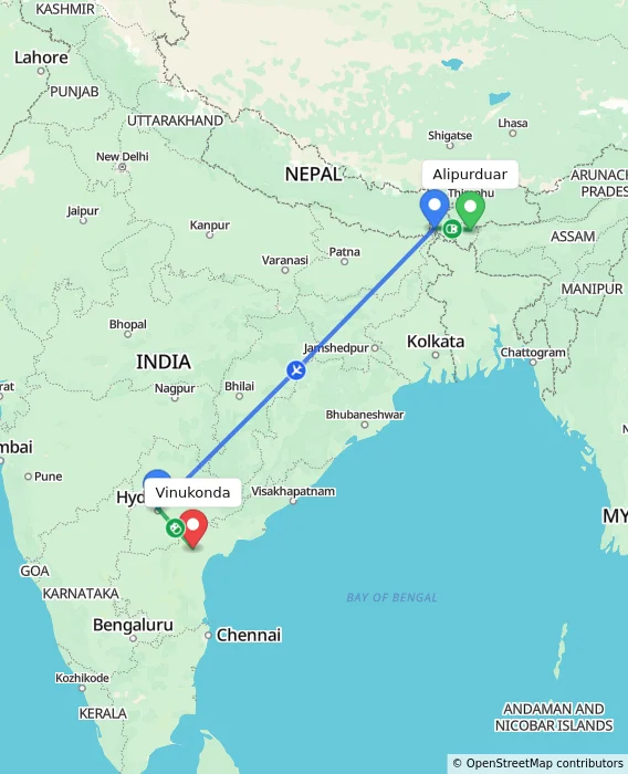 Route map showing distance and travel time from Alipurduar, India to Vinukonda, India
