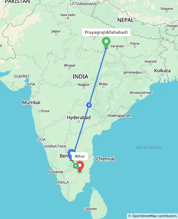 Route map showing distance and travel time from Allahabad, India to Attur, India