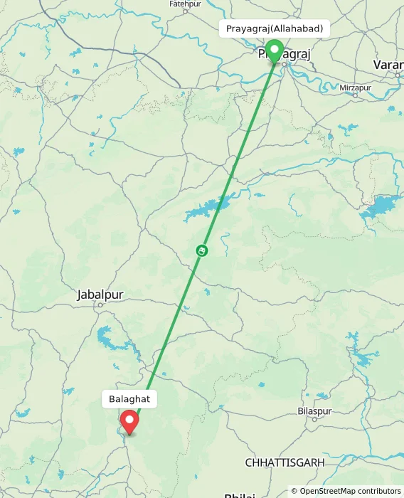 Route map showing distance and travel time from Allahabad, India to Balaghat, India