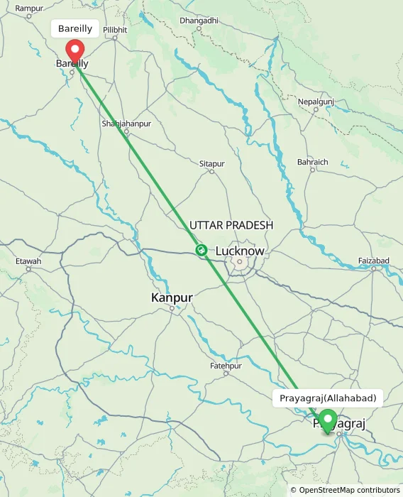Route map showing distance and travel time from Allahabad, India to Bareilly, India