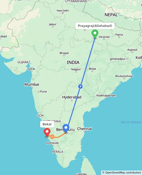 Route map showing distance and travel time from Allahabad, India to Bekal, India