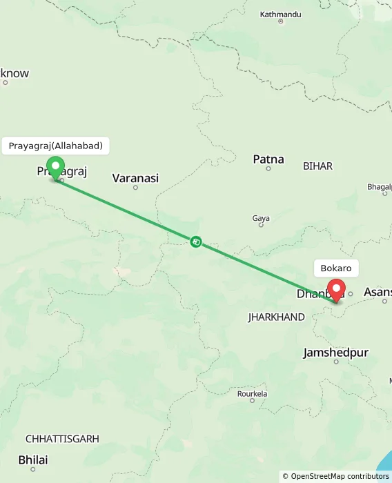 Route map showing distance and travel time from Allahabad, India to Bokaro, India