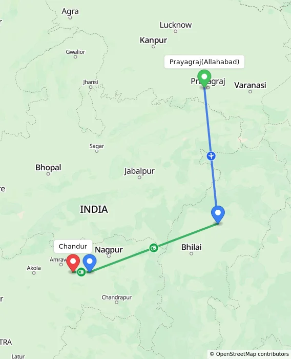 Route map showing distance and travel time from Allahabad, India to Chandur, India