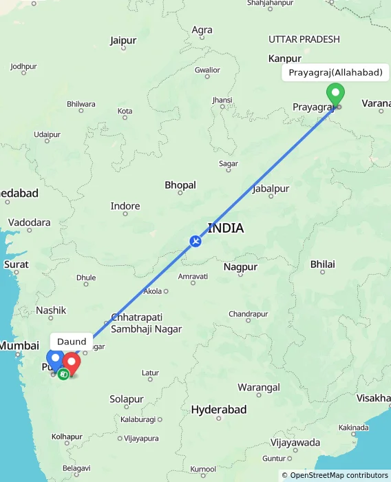 Route map showing distance and travel time from Allahabad, India to Daund, India