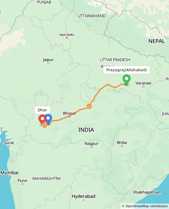 Route map showing distance and travel time from Allahabad, India to Dhar, India