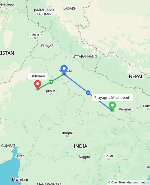 Route map showing distance and travel time from Allahabad, India to Didwana, India