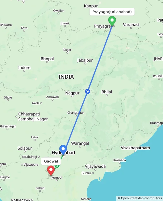 Route map showing distance and travel time from Allahabad, India to Gadwal, India