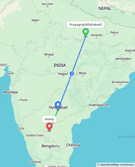 Route map showing distance and travel time from Allahabad, India to Gooty, India