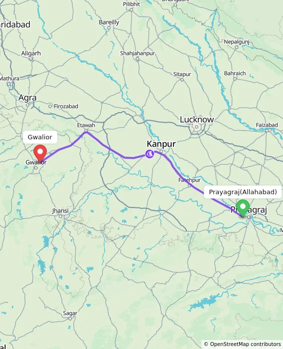 Route map showing distance and travel time from Allahabad, India to Gwalior, India