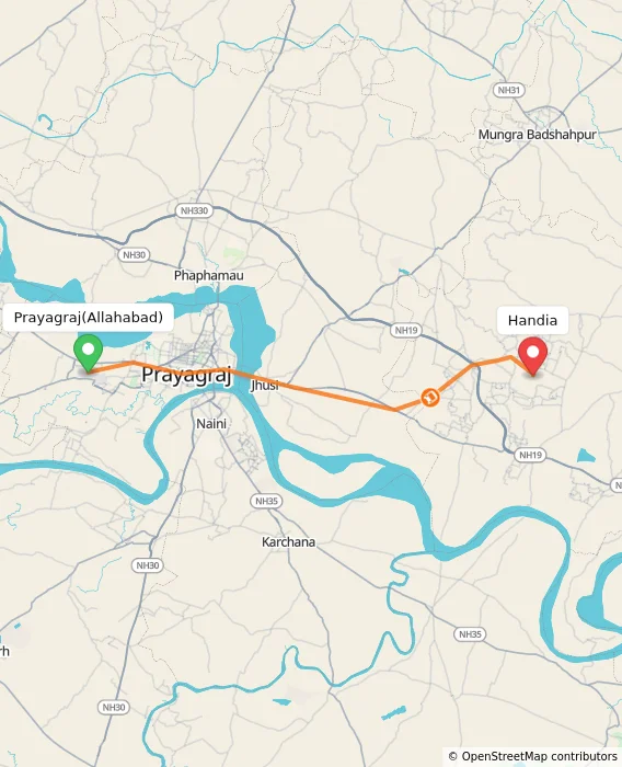 Route map showing distance and travel time from Allahabad, India to Handia, India