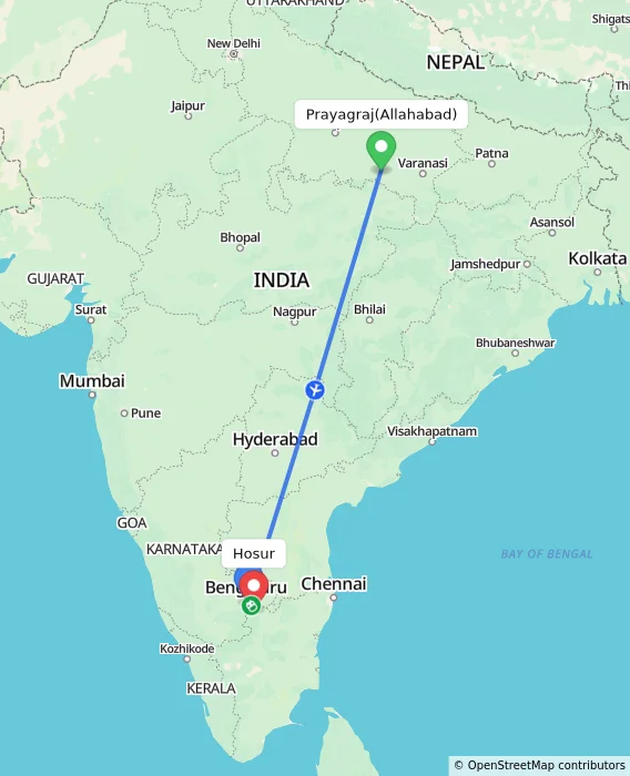 Route map showing distance and travel time from Allahabad, India to Hosur, India