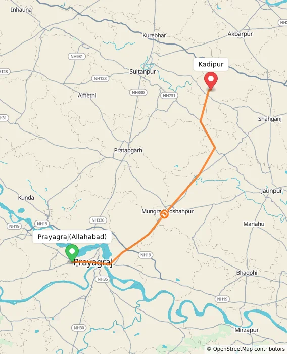 Route map showing distance and travel time from Allahabad, India to Kadipur, India