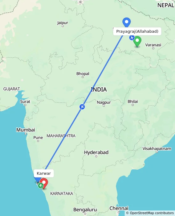 Route map showing distance and travel time from Allahabad, India to Karwar, India