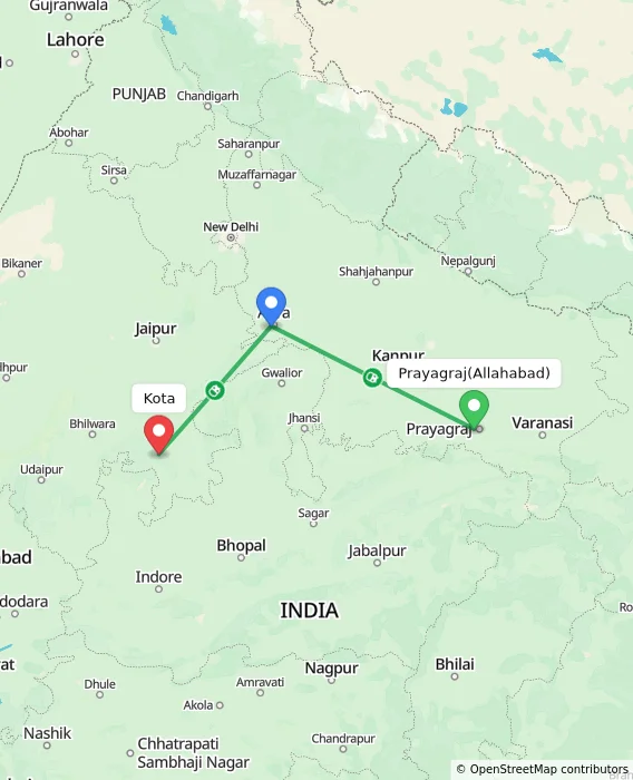 Route map showing distance and travel time from Allahabad, India to Kota, India