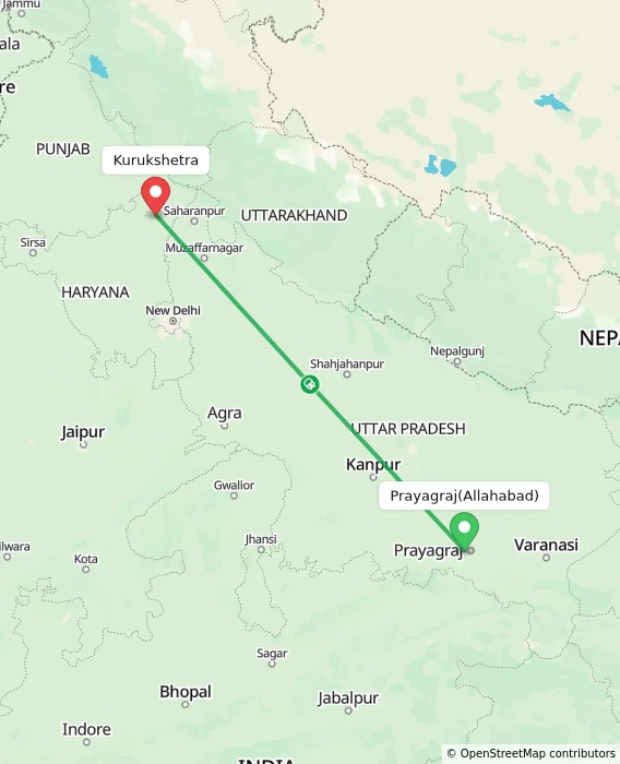 Route map showing distance and travel time from Allahabad, India to Kurukshetra, India