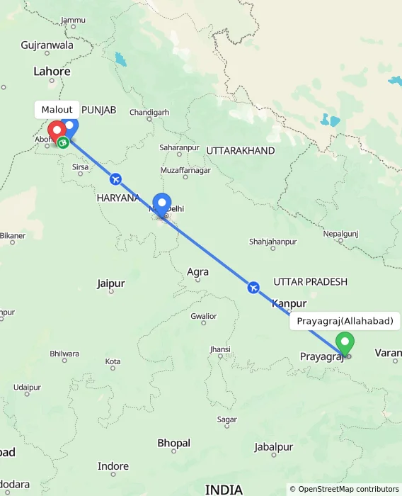 Route map showing distance and travel time from Allahabad, India to Malout, India