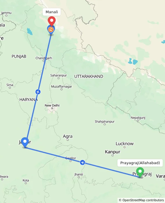 Route map showing distance and travel time from Allahabad, India to Manali, India
