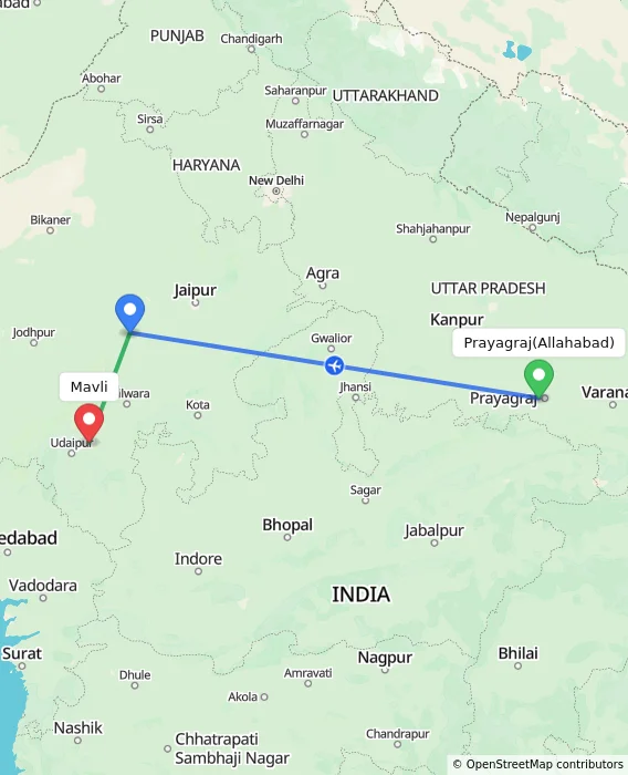 Route map showing distance and travel time from Allahabad, India to Mavli, India