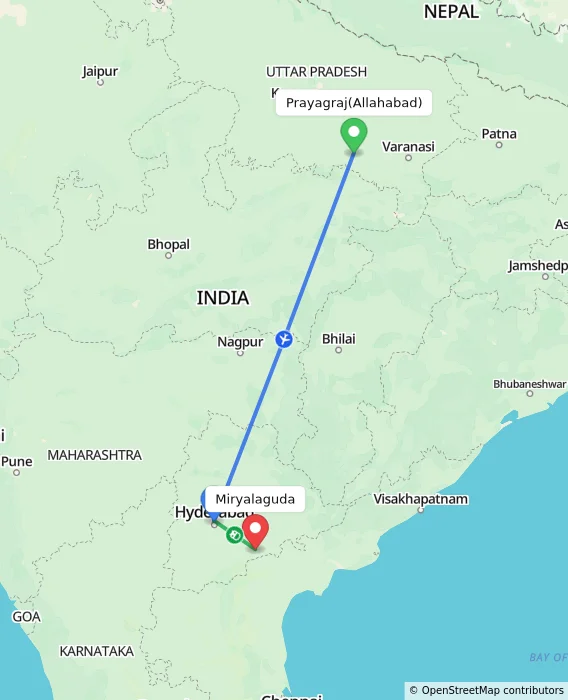 Route map showing distance and travel time from Allahabad, India to Miryalaguda, India