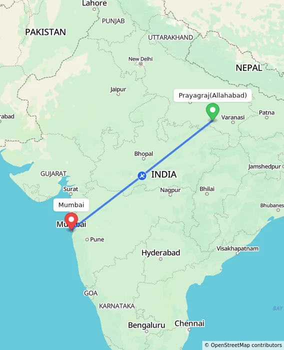 Route map showing distance and travel time from Allahabad, India to Mumbai, India