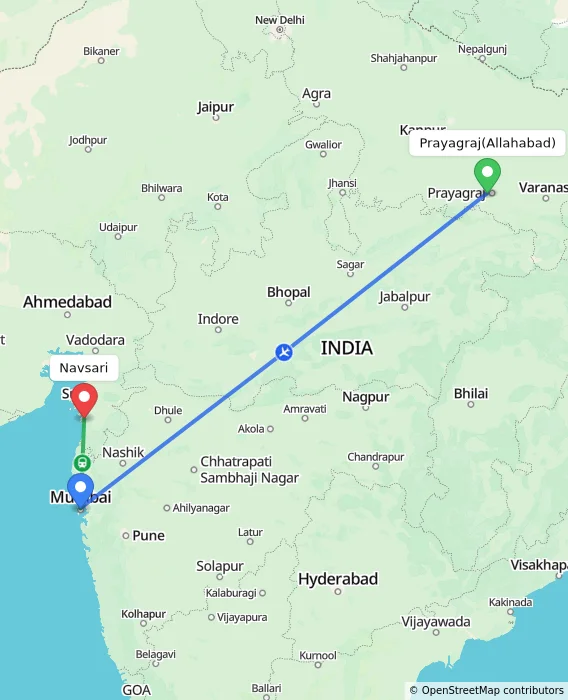 Route map showing distance and travel time from Allahabad, India to Navsari, India