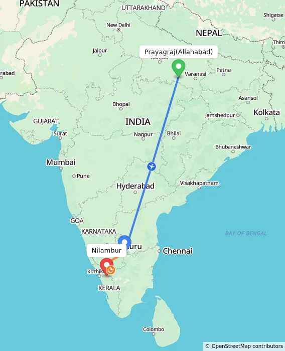 Route map showing distance and travel time from Allahabad, India to Nilambur, India