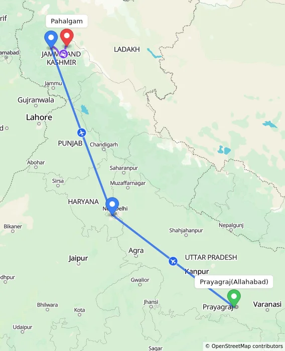 Route map showing distance and travel time from Allahabad, India to Pahalgam, India