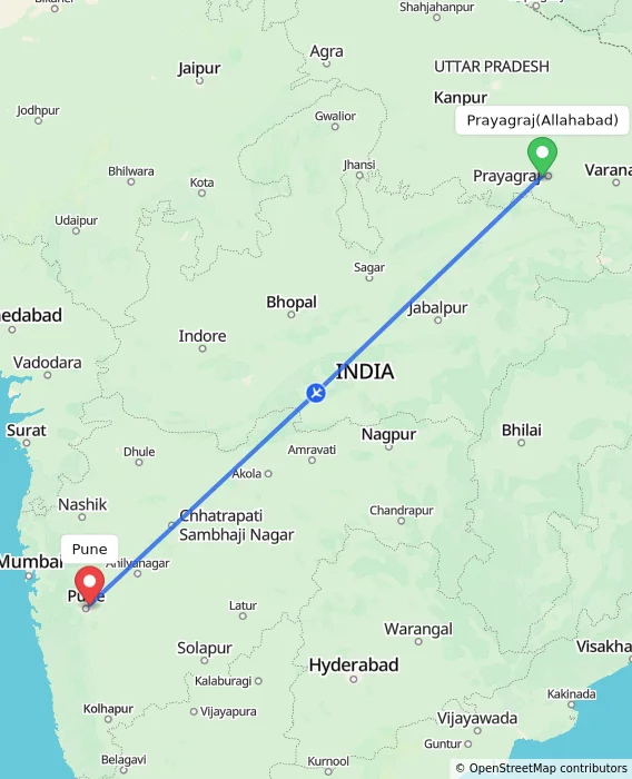Route map showing distance and travel time from Allahabad, India to Pune, India