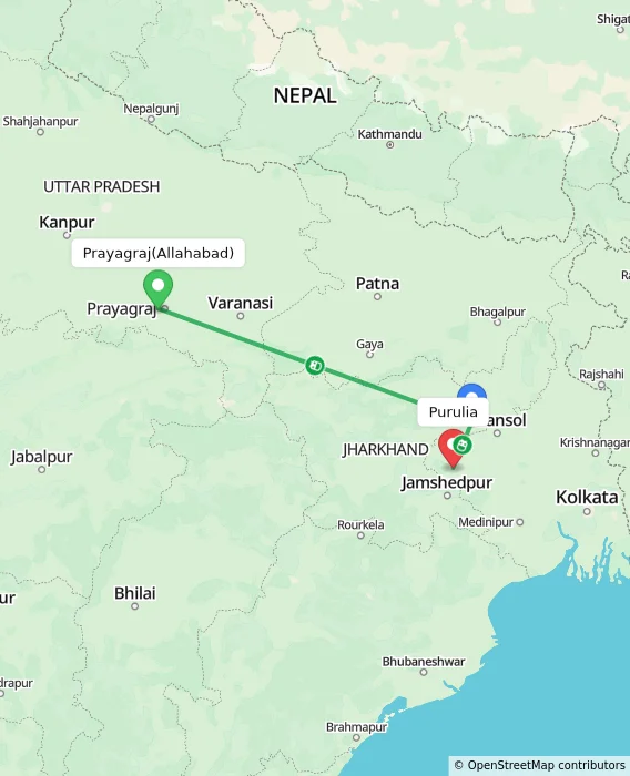 Route map showing distance and travel time from Allahabad, India to Purulia, India