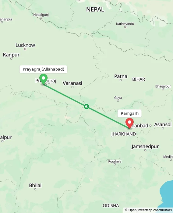 Route map showing distance and travel time from Allahabad, India to Ramgarh, India