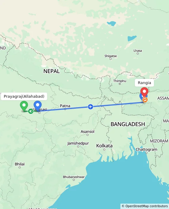 Route map showing distance and travel time from Allahabad, India to Rangia, India
