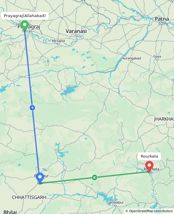 Route map showing distance and travel time from Allahabad, India to Rourkela, India