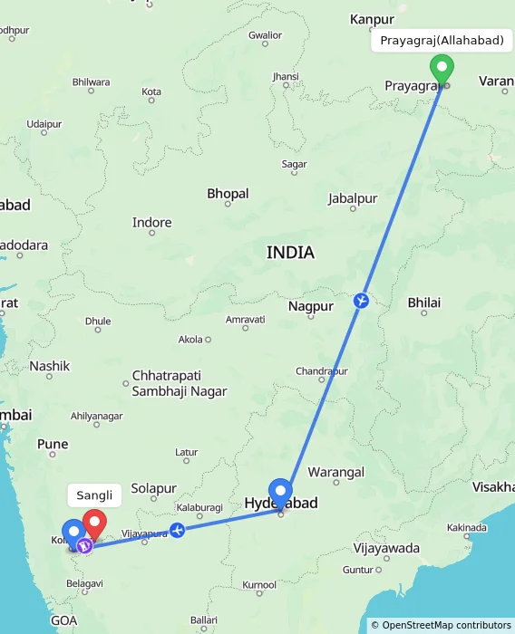 Route map showing distance and travel time from Allahabad, India to Sangli, India