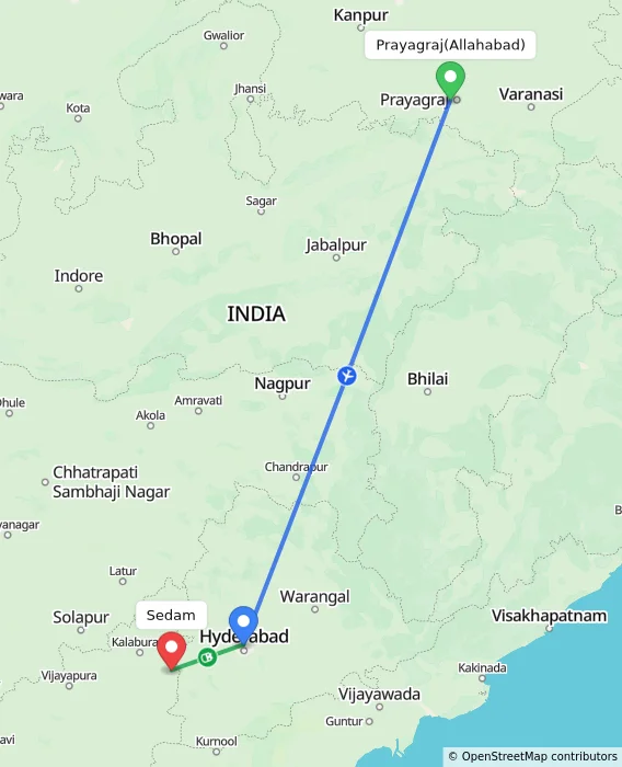 Route map showing distance and travel time from Allahabad, India to Sedam, India
