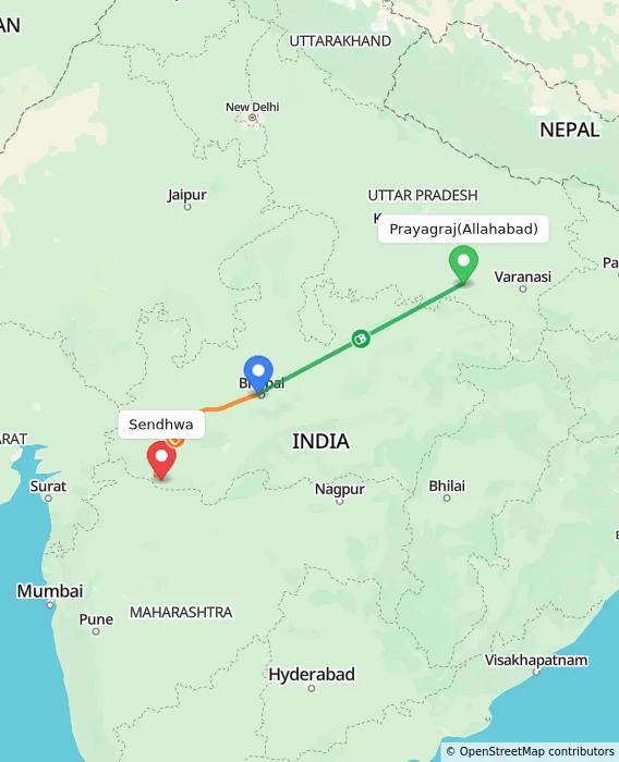 Route map showing distance and travel time from Allahabad, India to Sendhwa, India