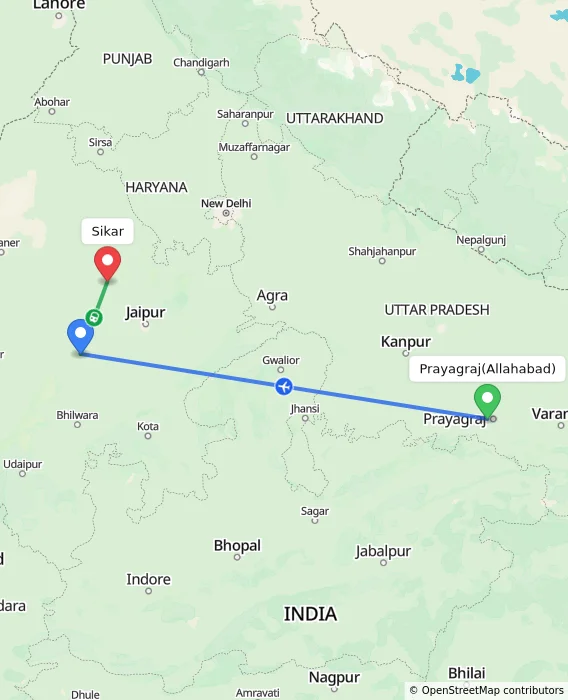 Route map showing distance and travel time from Allahabad, India to Sikar, India