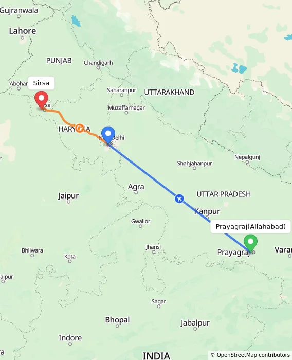 Route map showing distance and travel time from Allahabad, India to Sirsa, India