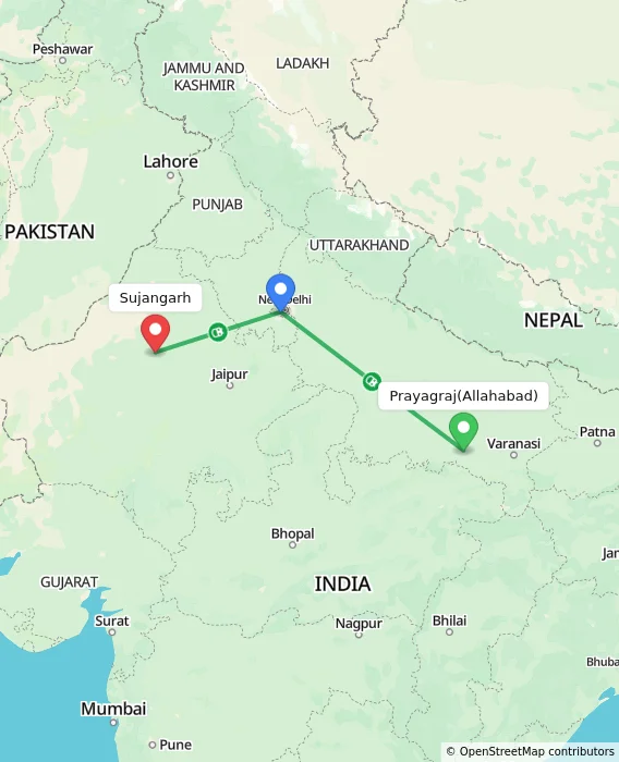 Route map showing distance and travel time from Allahabad, India to Sujangarh, India