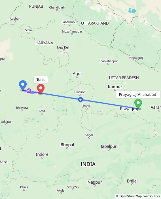 Route map showing distance and travel time from Allahabad, India to Tonk, India