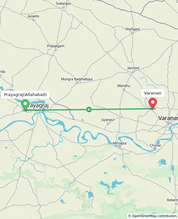 Route map showing distance and travel time from Allahabad, India to Varanasi, India