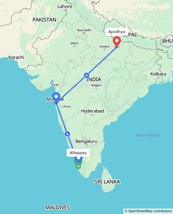 Route map showing distance and travel time from Alleppey, India to Ayodhya, India