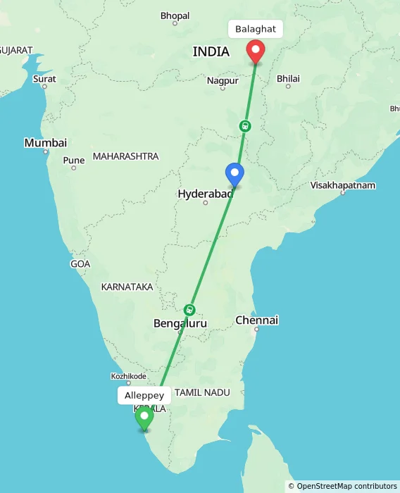 Route map showing distance and travel time from Alleppey, India to Balaghat, India