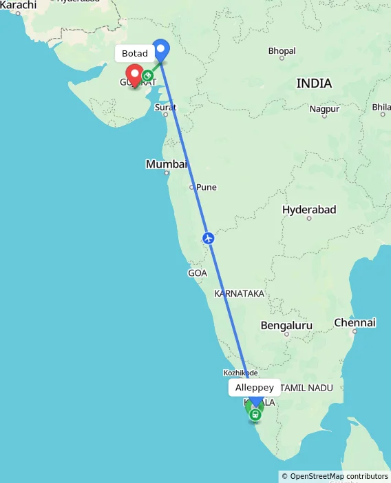 Route map showing distance and travel time from Alleppey, India to Botad, India