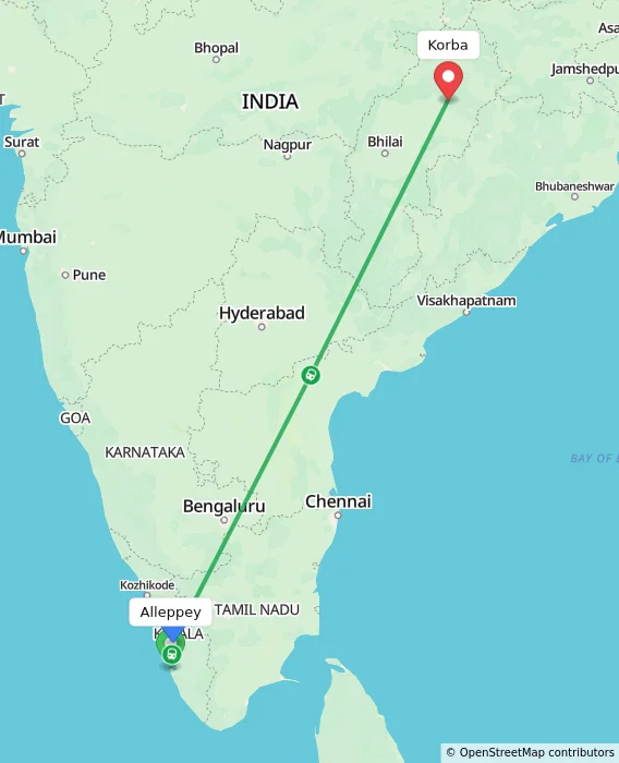 Route map showing distance and travel time from Alleppey, India to Korba, India
