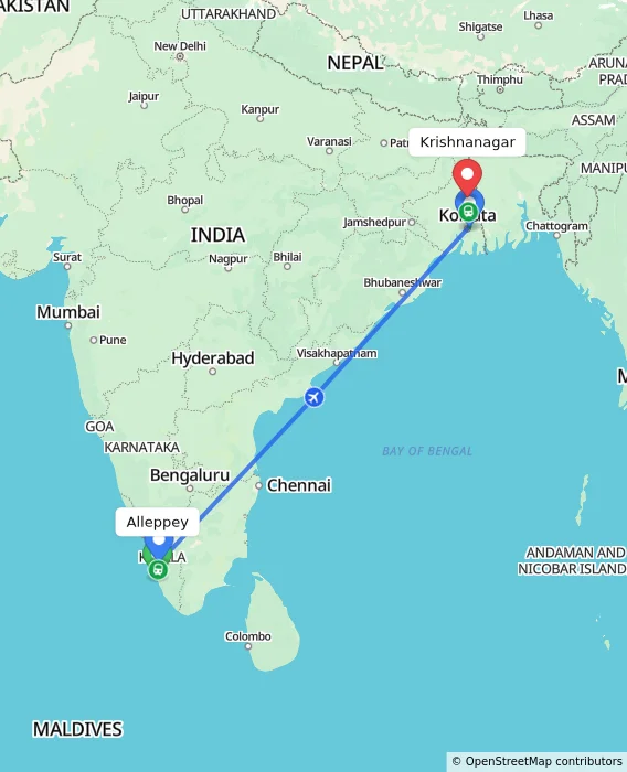 Route map showing distance and travel time from Alleppey, India to Krishnanagar, India