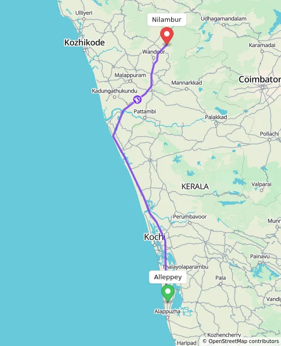 Route map showing distance and travel time from Alleppey, India to Nilambur, India