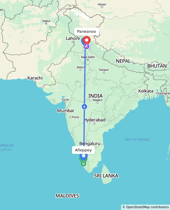 Route map showing distance and travel time from Alleppey, India to Parwanoo, India