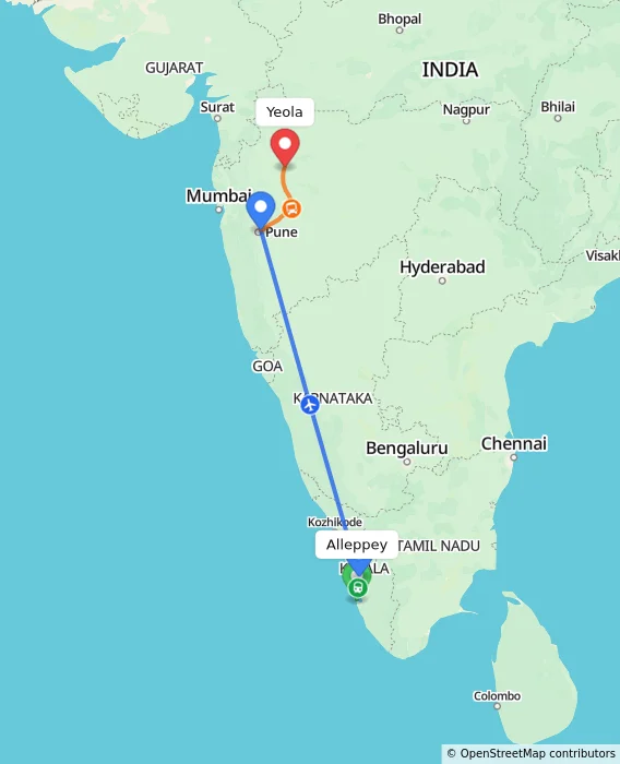 Route map showing distance and travel time from Alleppey, India to Yeola, India